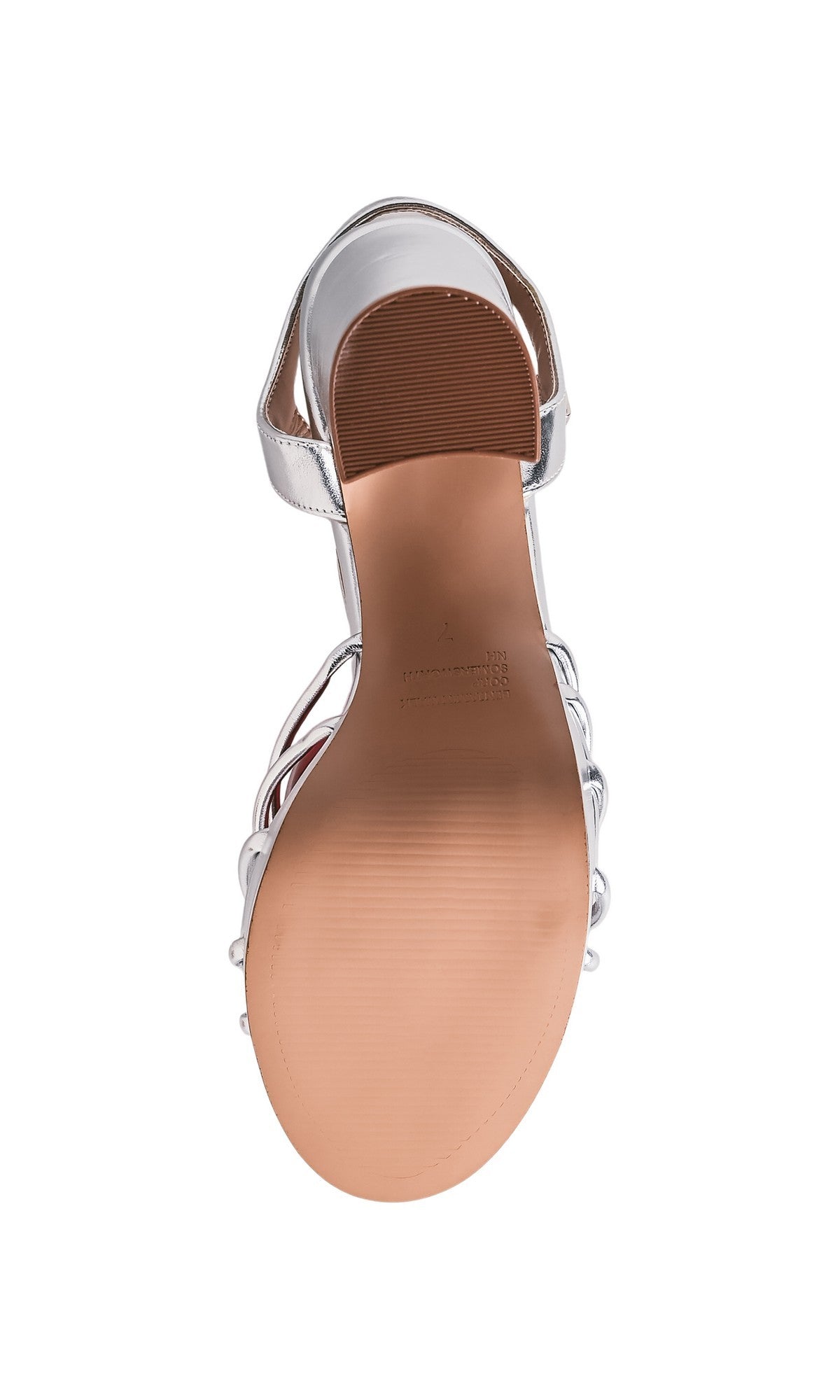 A close-up of the Tiara Silver Prom Shoes: Touch Ups 4763, highlighting the tan sole with tread and stitching details, and metallic silver strappy open toe design.